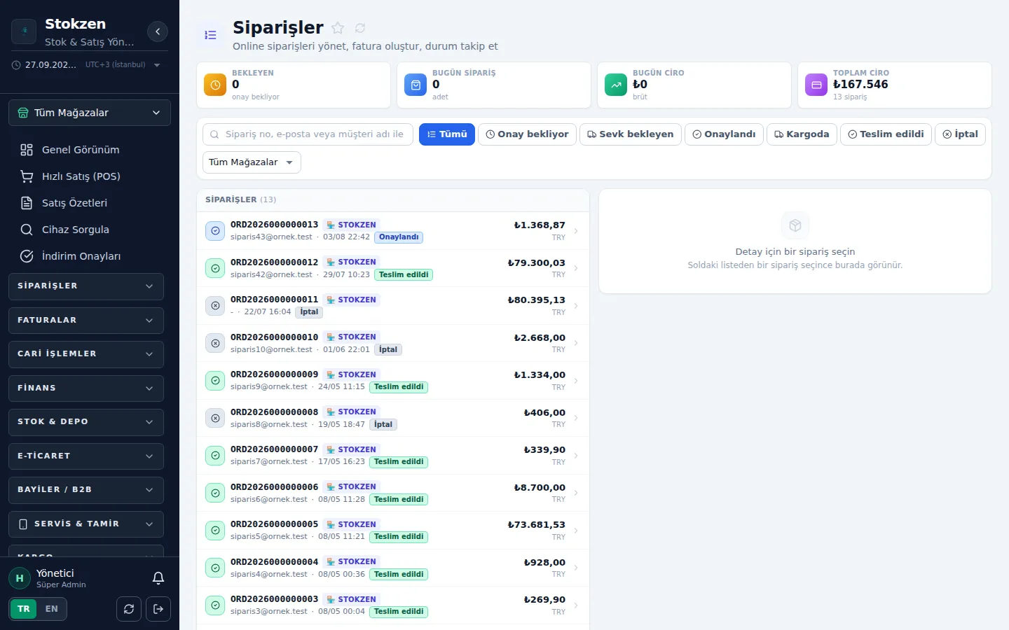 Online siparişler panelinizde